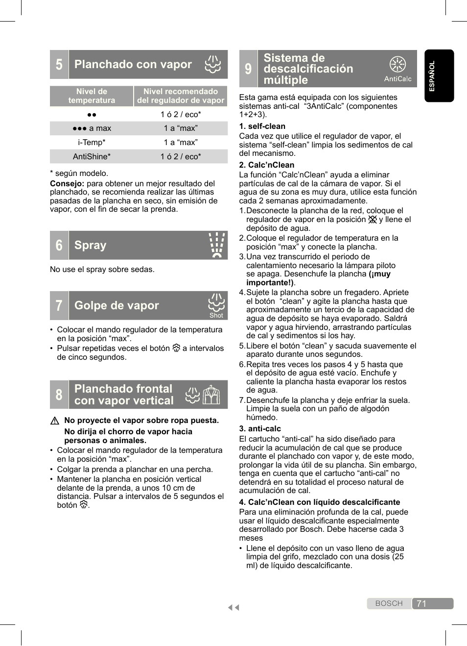 Sistema de descalciicación múltiple, Planchado con vapor, Spray | Golpe de vapor, Planchado frontal con vapor vertical | Bosch Dampfbügeleisen Sensixx´x DA70 i-Temp TDA703021I anthrazit magic violet User Manual | Page 71 / 140