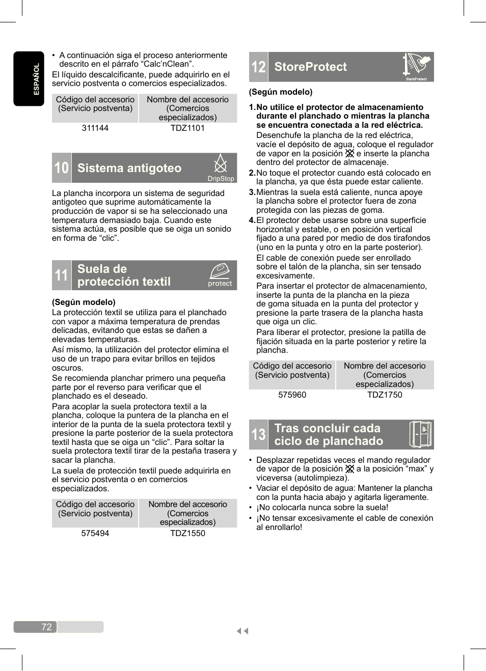 Storeprotect, Tras concluir cada ciclo de planchado, Sistema antigoteo | Suela de protección textil | Bosch Dampfbügeleisen Sensixx´x DA70 i-Temp TDA703021I anthrazit magic violet User Manual | Page 72 / 140