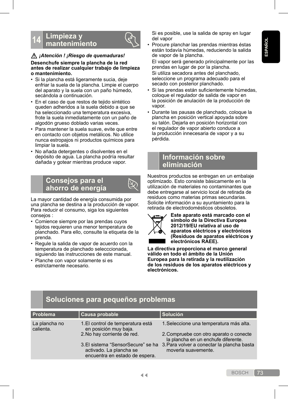 Limpieza y mantenimiento, Consejos para el ahorro de energía, Información sobre eliminación | Soluciones para pequeños problemas | Bosch Dampfbügeleisen Sensixx´x DA70 i-Temp TDA703021I anthrazit magic violet User Manual | Page 73 / 140