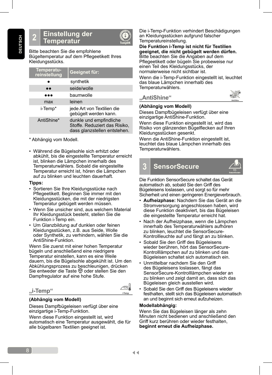 Sensorsecure, Einstellung der temperatur, Antishine | I-temp | Bosch Dampfbügeleisen Sensixx´x DA70 i-Temp TDA703021I anthrazit magic violet User Manual | Page 8 / 140