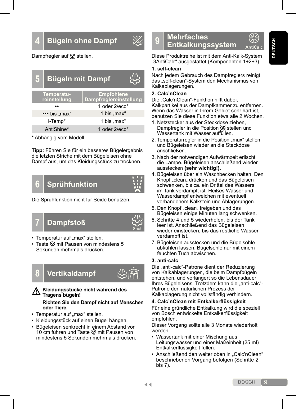 Mehrfaches entkalkungssystem, Bügeln ohne dampf, Bügeln mit dampf | Sprühfunktion, Dampfstoß, Vertikaldampf | Bosch Dampfbügeleisen Sensixx´x DA70 i-Temp TDA703021I anthrazit magic violet User Manual | Page 9 / 140
