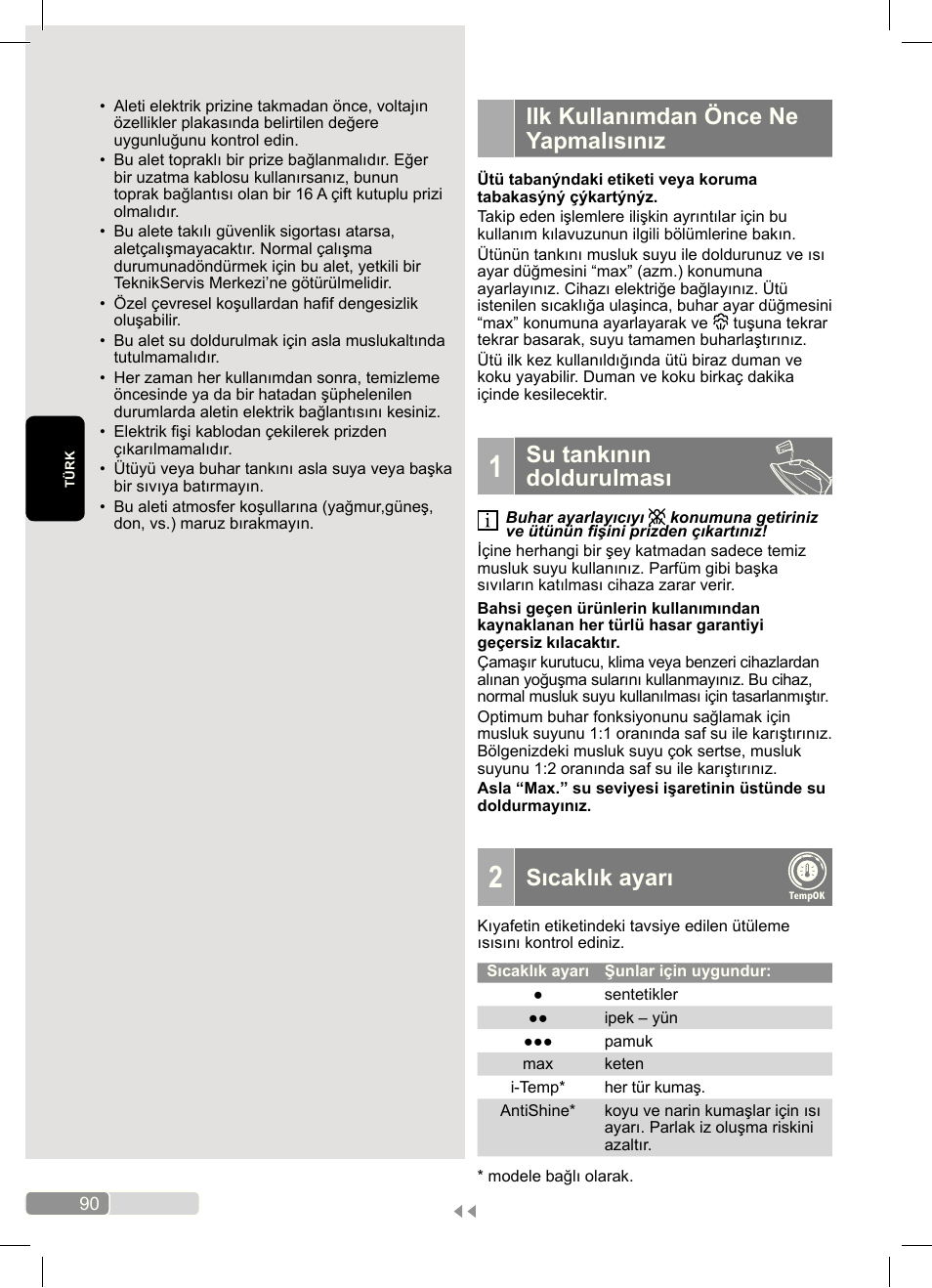 Ilk kullanımdan önce ne yapmalısınız, Su tankının doldurulması, Sıcaklık ayarı | Bosch Dampfbügeleisen Sensixx´x DA70 i-Temp TDA703021I anthrazit magic violet User Manual | Page 90 / 140