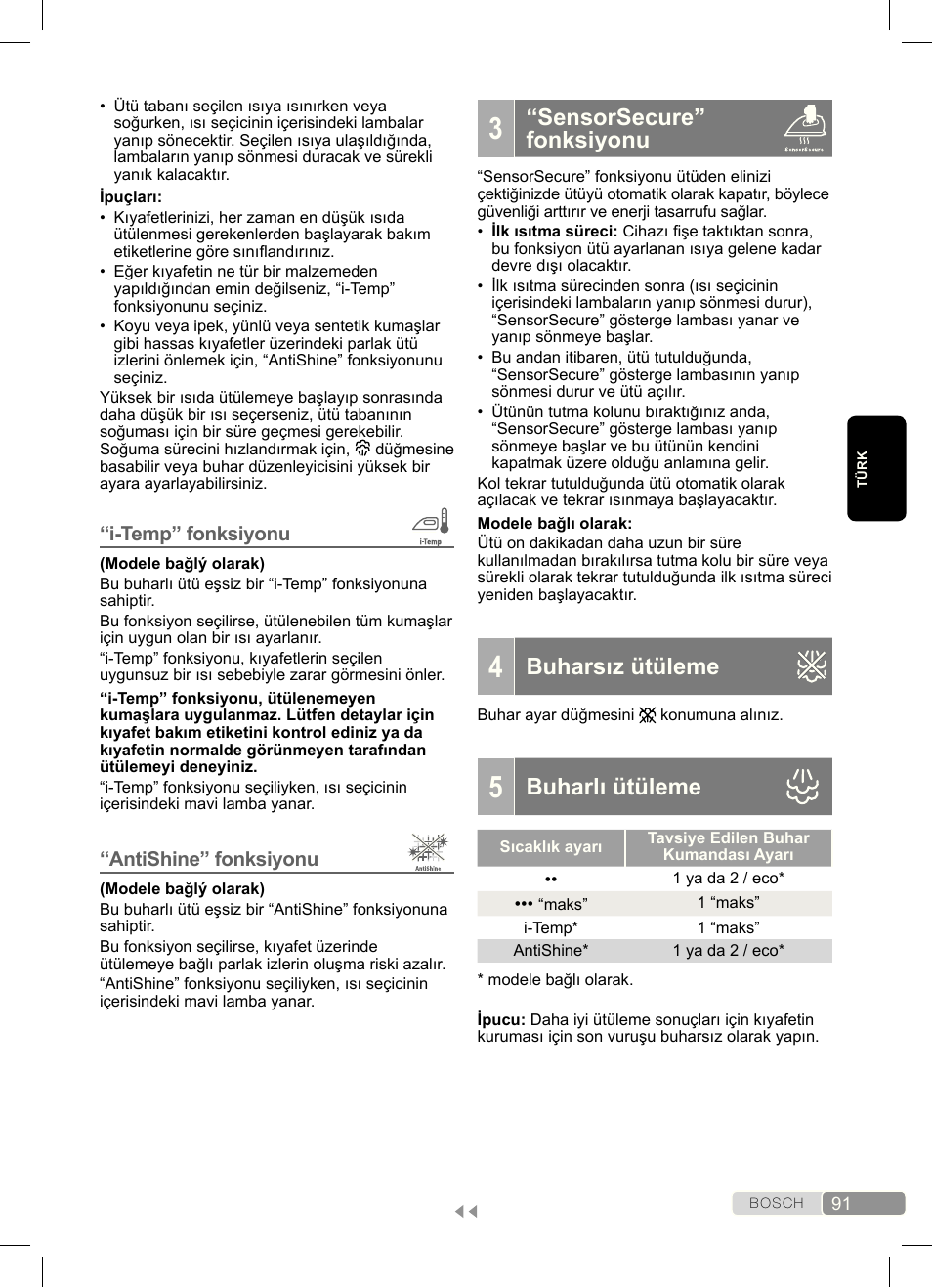 Sensorsecure” fonksiyonu, Buharsız ütüleme, Buharlı ütüleme | Bosch Dampfbügeleisen Sensixx´x DA70 i-Temp TDA703021I anthrazit magic violet User Manual | Page 91 / 140