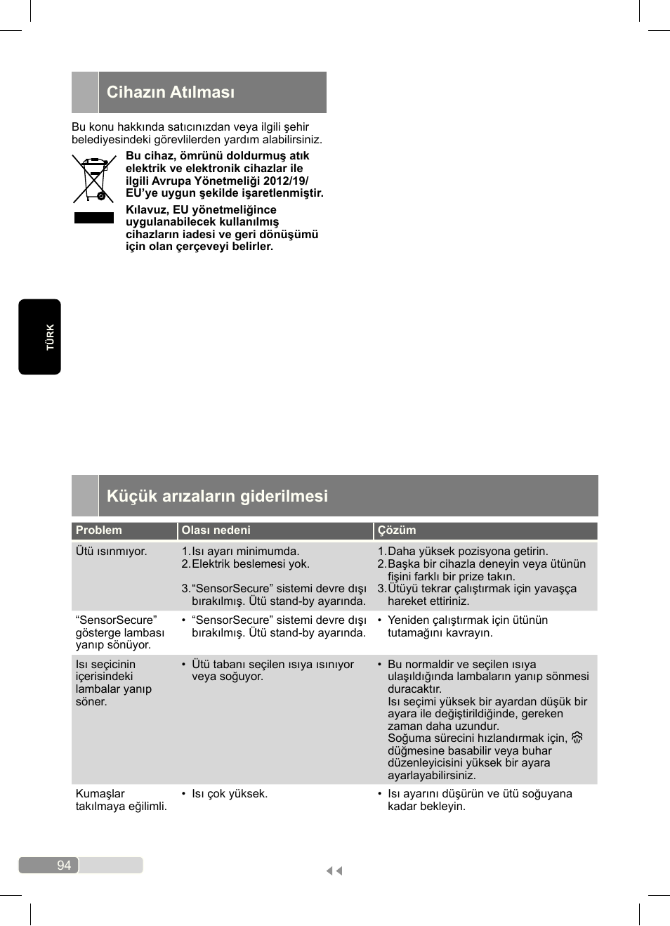 Küçük arızaların giderilmesi, Cihazın atılması | Bosch Dampfbügeleisen Sensixx´x DA70 i-Temp TDA703021I anthrazit magic violet User Manual | Page 94 / 140