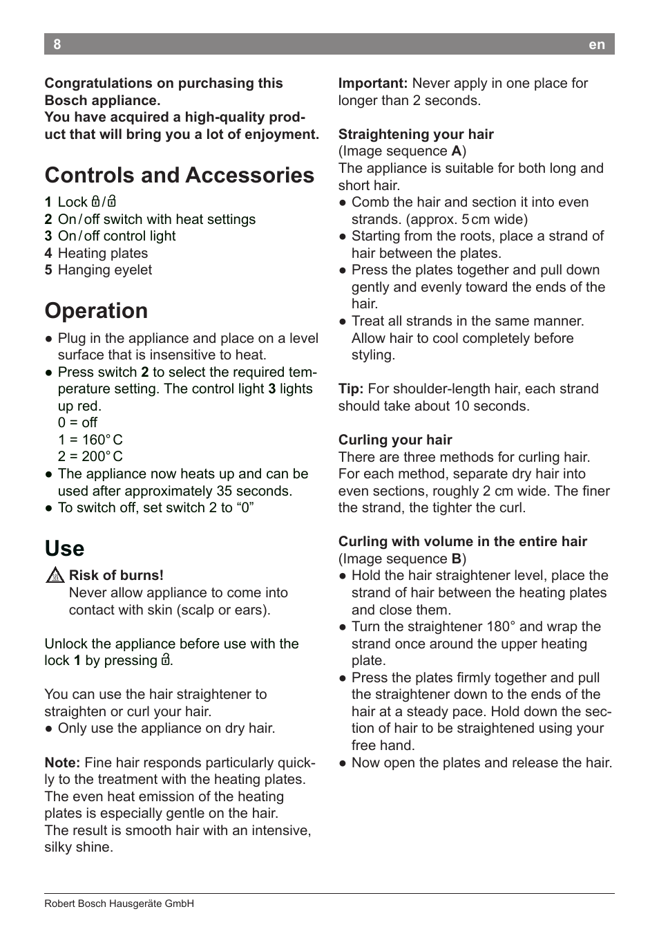 Controls and accessories, Operation | Bosch PHS2112 Haarglätter PureStyle User Manual | Page 12 / 91