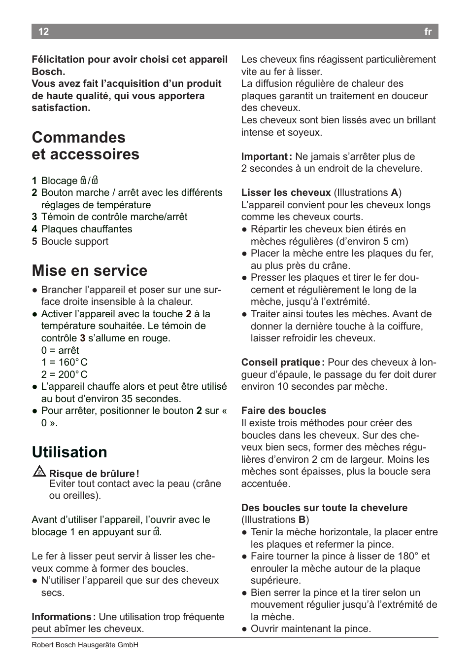 Commandes et accessoires, Mise en service, Utilisation | Bosch PHS2112 Haarglätter PureStyle User Manual | Page 16 / 91