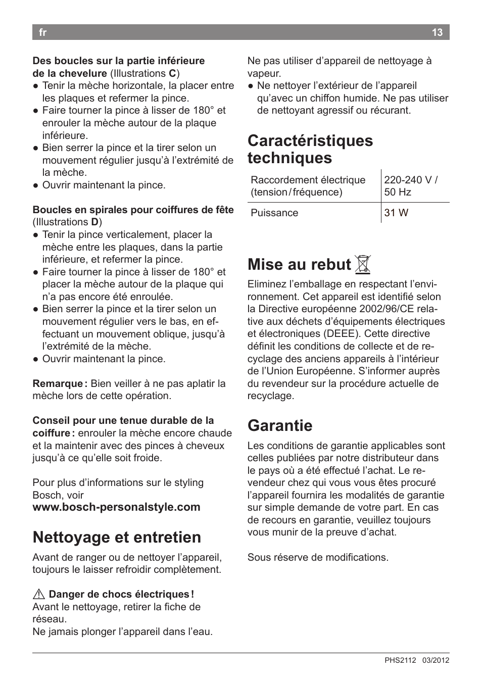 Nettoyage et entretien, Caractéristiques techniques, Mise au rebut | Garantie | Bosch PHS2112 Haarglätter PureStyle User Manual | Page 17 / 91