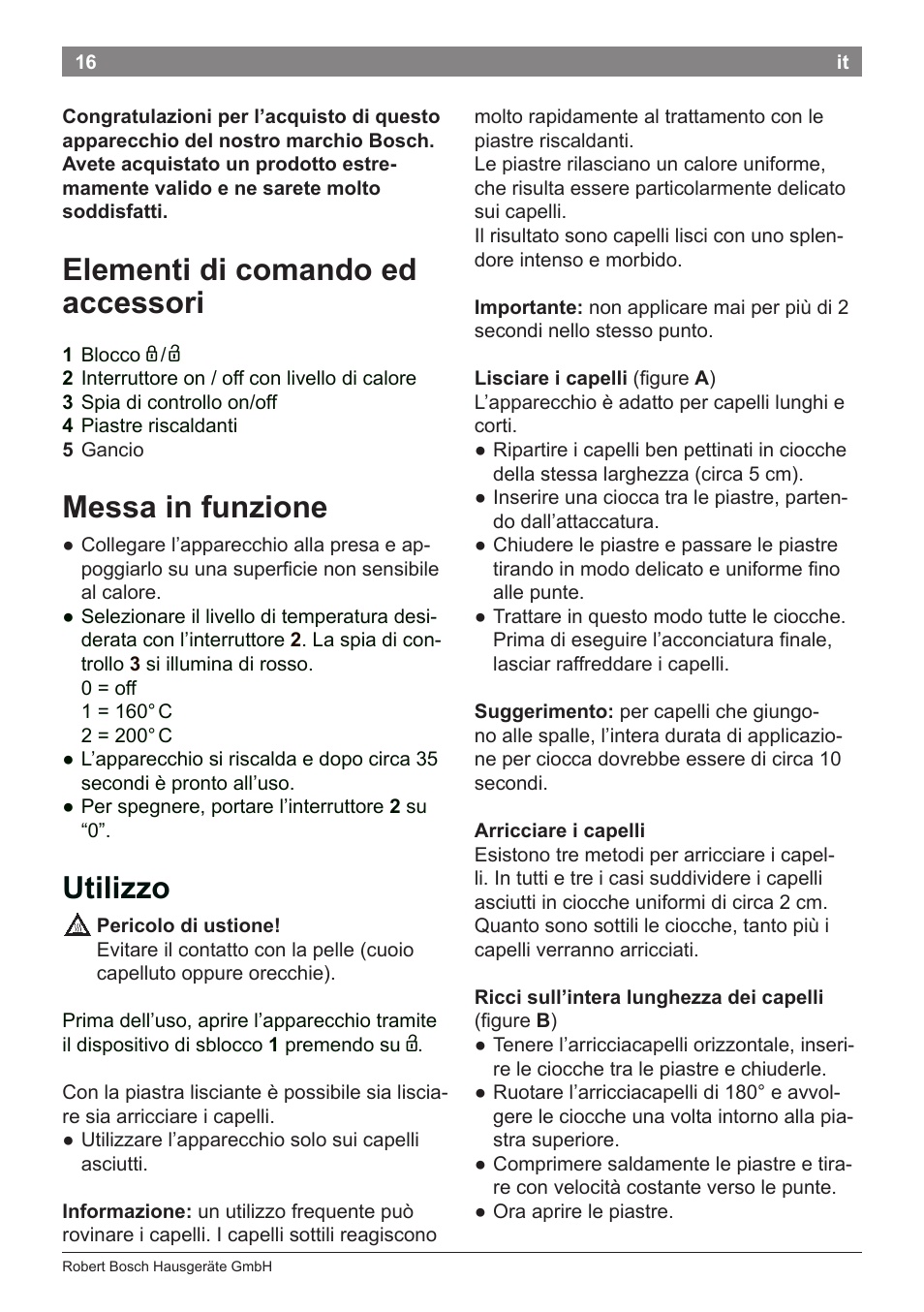 Elementi di comando ed accessori, Messa in funzione, Utilizzo | Bosch PHS2112 Haarglätter PureStyle User Manual | Page 20 / 91