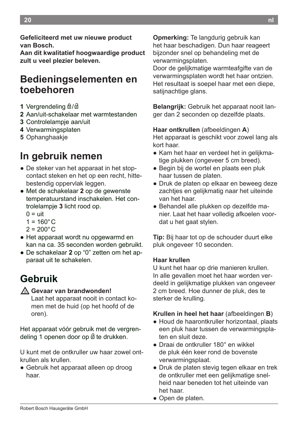 Bedieningselementen en toebehoren, Gebruik | Bosch PHS2112 Haarglätter PureStyle User Manual | Page 24 / 91