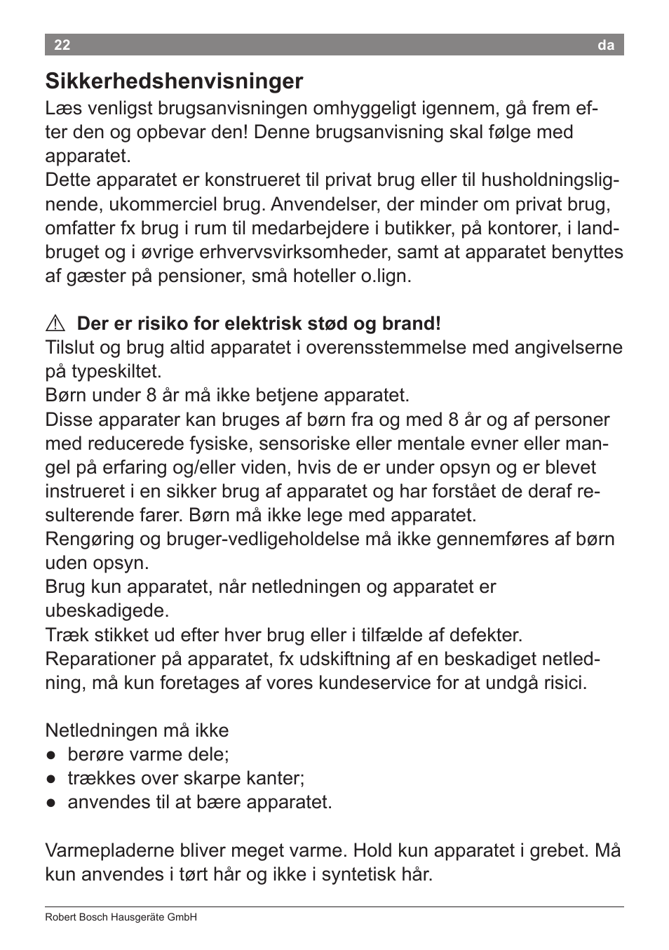 Sikkerhedshenvisninger | Bosch PHS2112 Haarglätter PureStyle User Manual | Page 26 / 91
