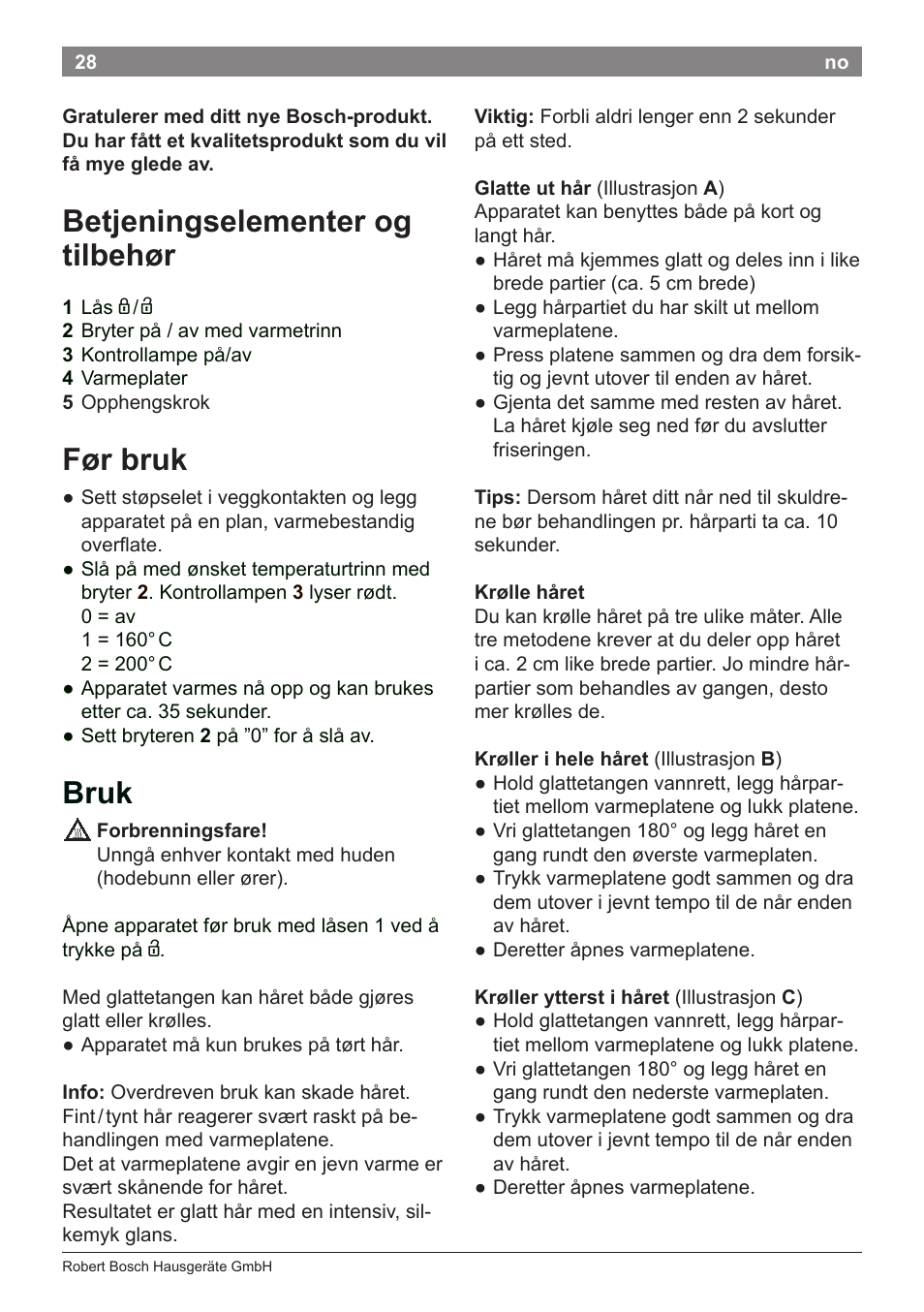 Betjeningselementer og tilbehør, Før bruk, Bruk | Bosch PHS2112 Haarglätter PureStyle User Manual | Page 32 / 91