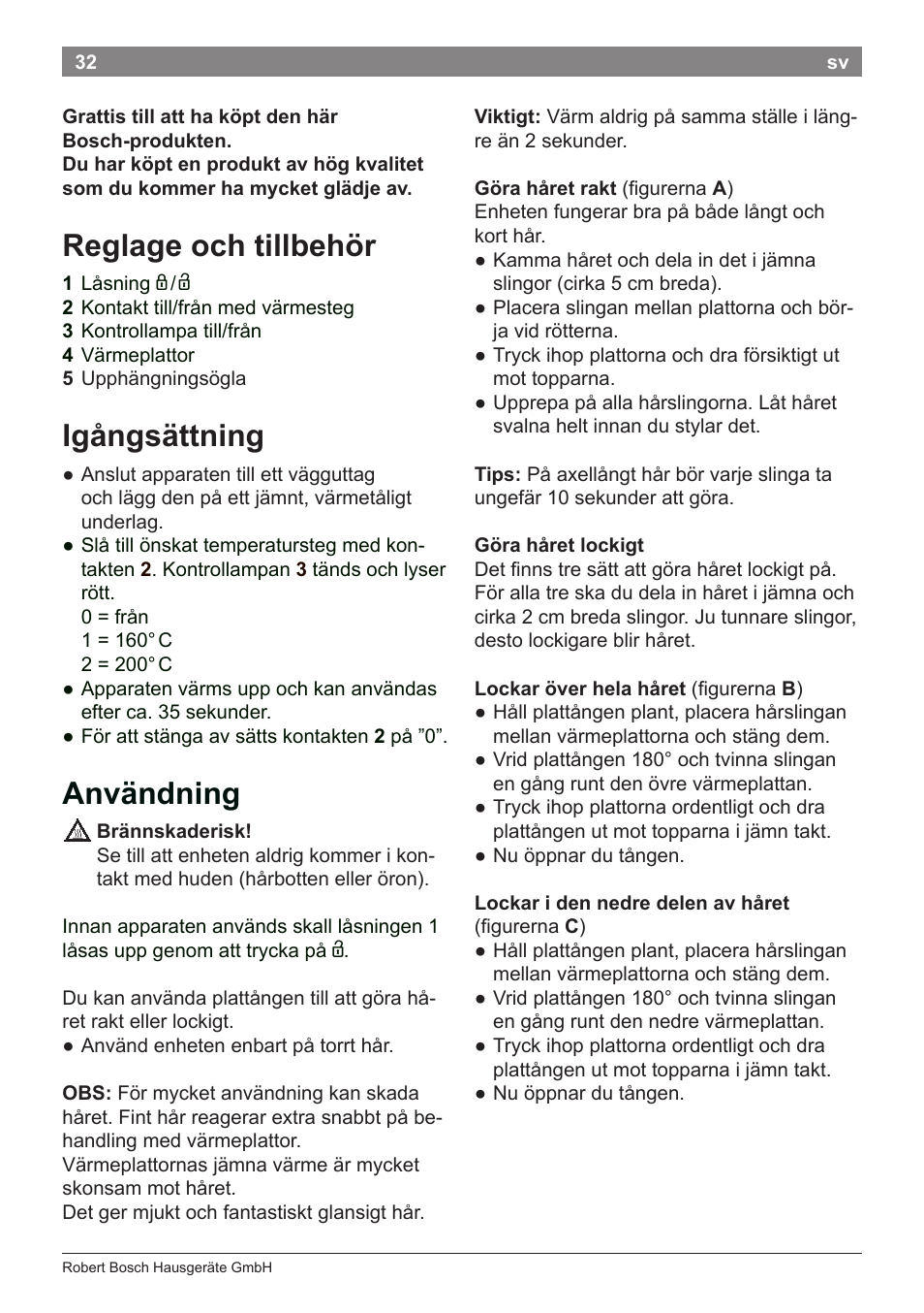 Reglage och tillbehör, Igångsättning, Användning | Bosch PHS2112 Haarglätter PureStyle User Manual | Page 36 / 91