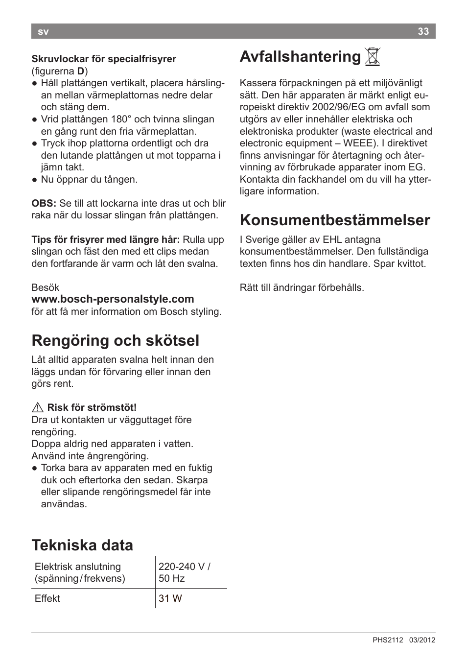 Rengöring och skötsel, Tekniska data, Avfallshantering | Konsumentbestämmelser | Bosch PHS2112 Haarglätter PureStyle User Manual | Page 37 / 91