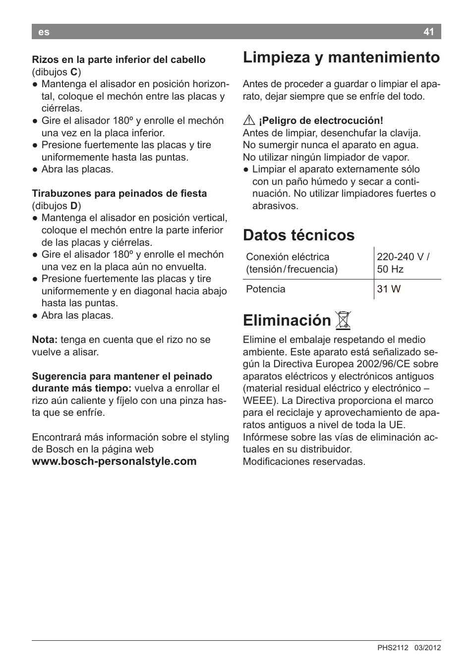 Limpieza y mantenimiento, Datos técnicos, Eliminación | Bosch PHS2112 Haarglätter PureStyle User Manual | Page 45 / 91