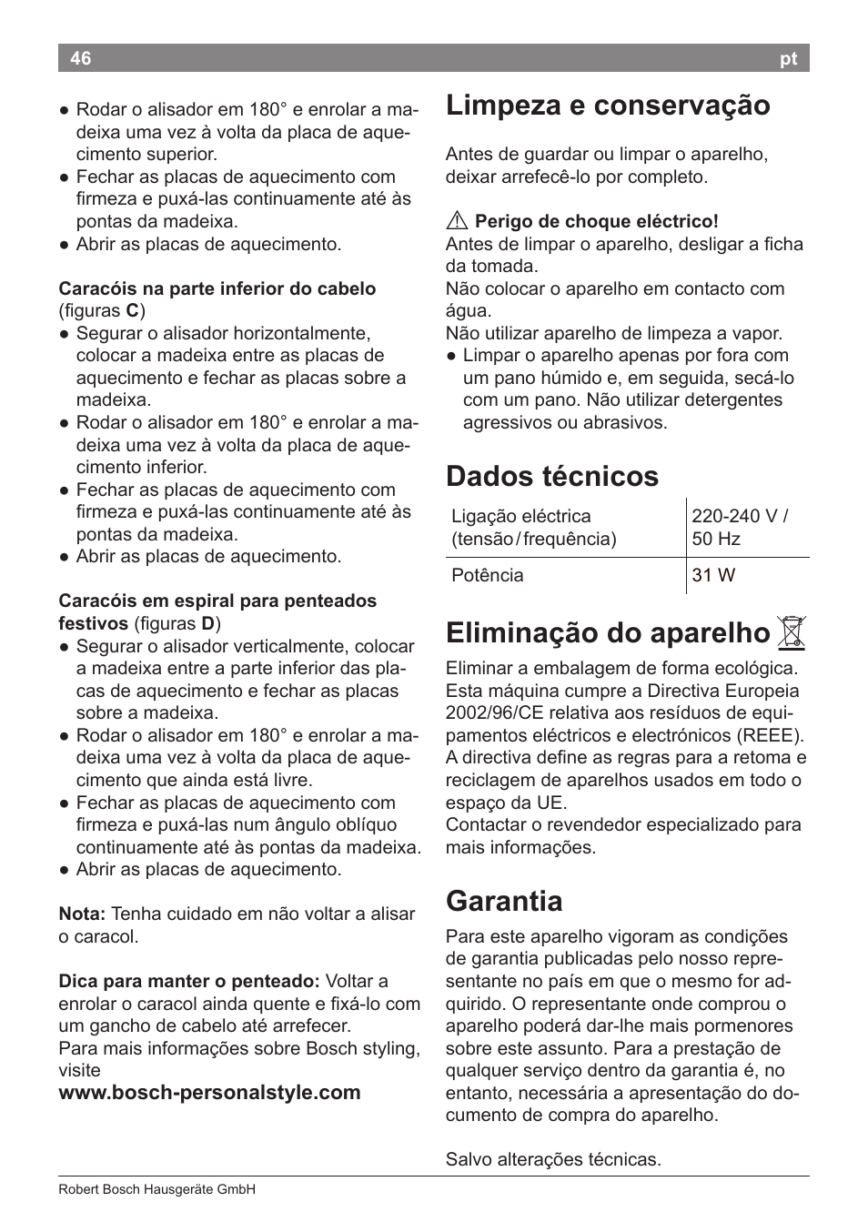 Limpeza e conservação, Dados técnicos, Eliminação do aparelho | Garantia | Bosch PHS2112 Haarglätter PureStyle User Manual | Page 50 / 91