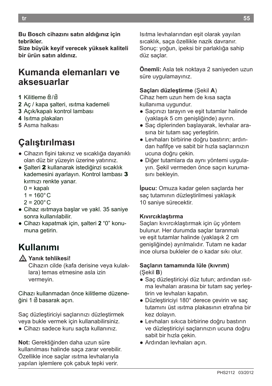 Kumanda elemanları ve aksesuarlar, Çalıştırılması, Kullanımı | Bosch PHS2112 Haarglätter PureStyle User Manual | Page 59 / 91