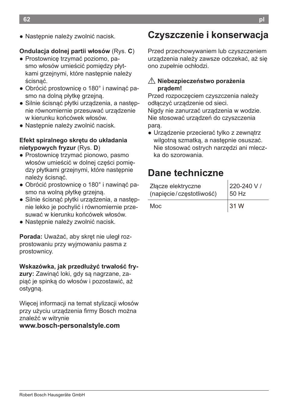 Czyszczenie i konserwacja, Dane techniczne | Bosch PHS2112 Haarglätter PureStyle User Manual | Page 66 / 91