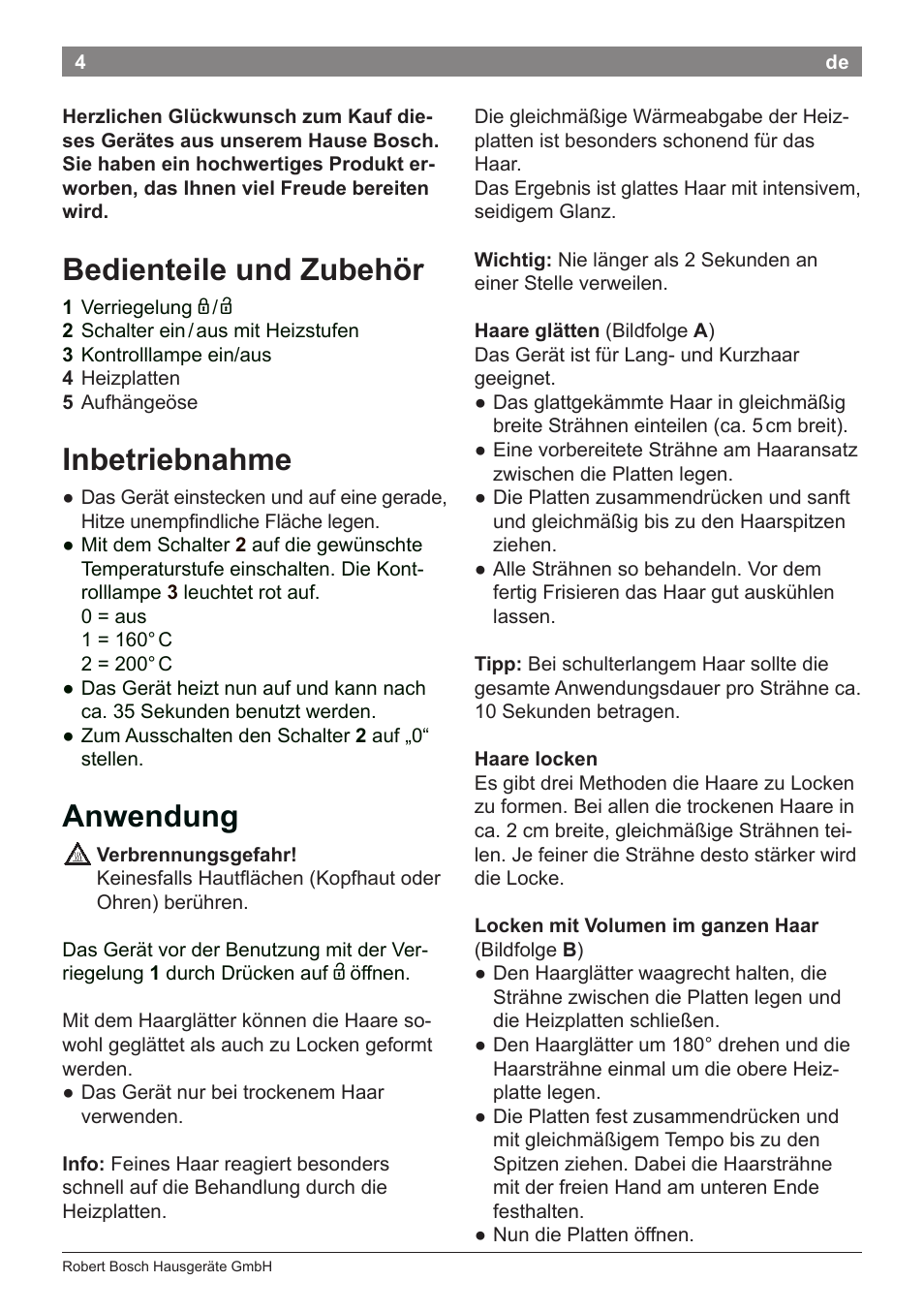 Bedienteile und zubehör, Inbetriebnahme, Anwendung | Bosch PHS2112 Haarglätter PureStyle User Manual | Page 8 / 91