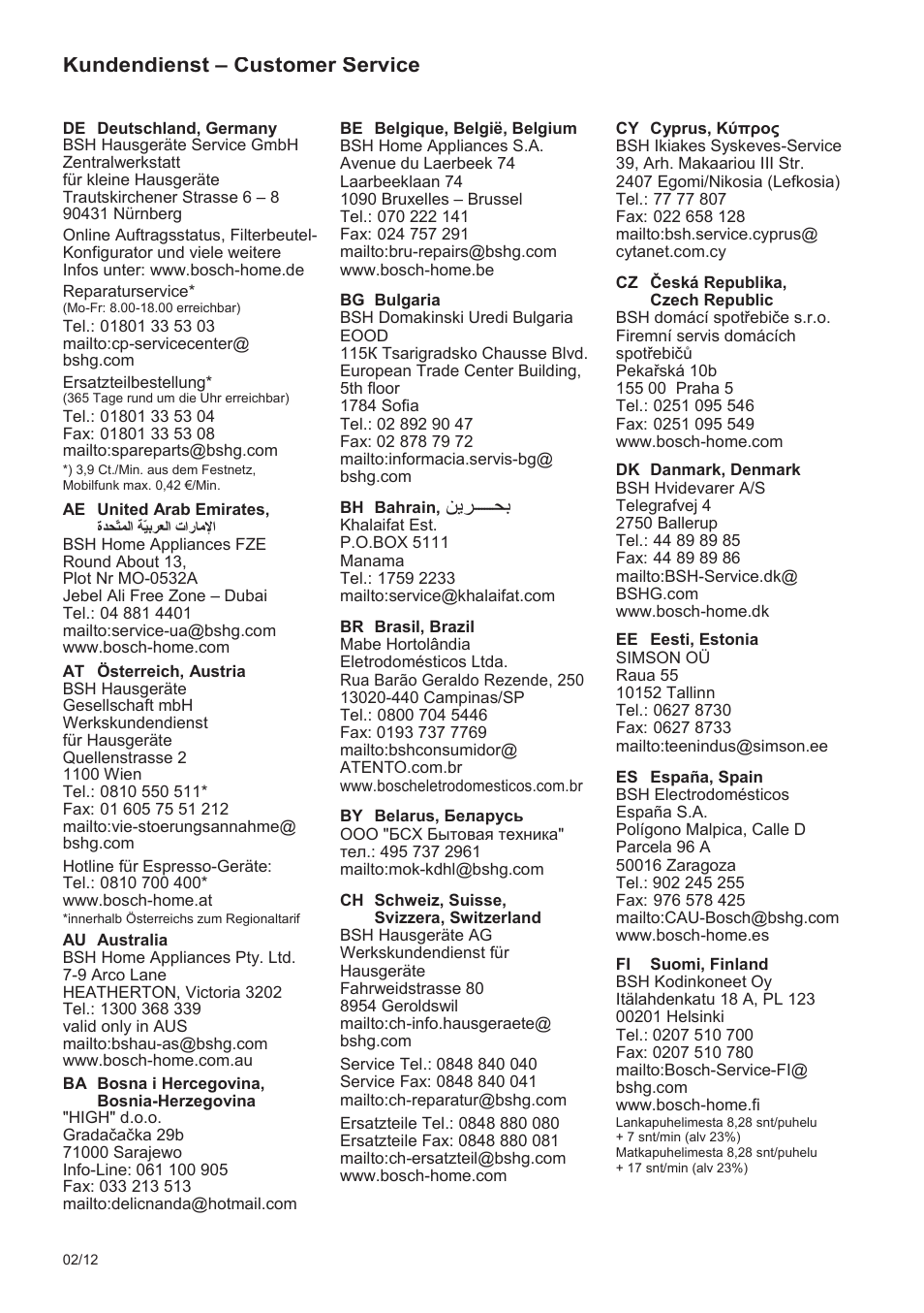 Kundendienst – customer service | Bosch PHS2112 Haarglätter PureStyle User Manual | Page 87 / 91