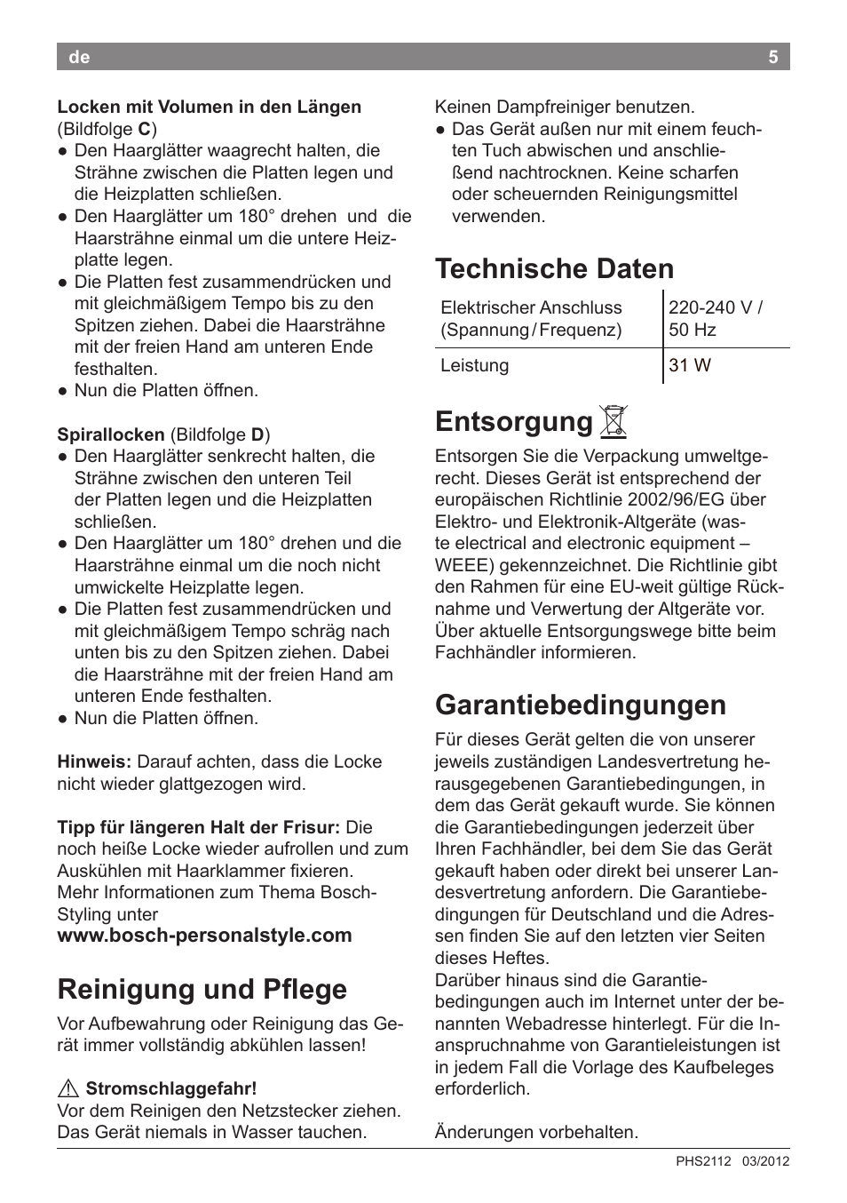 Reinigung und pflege, Technische daten, Entsorgung | Garantiebedingungen | Bosch PHS2112 Haarglätter PureStyle User Manual | Page 9 / 91