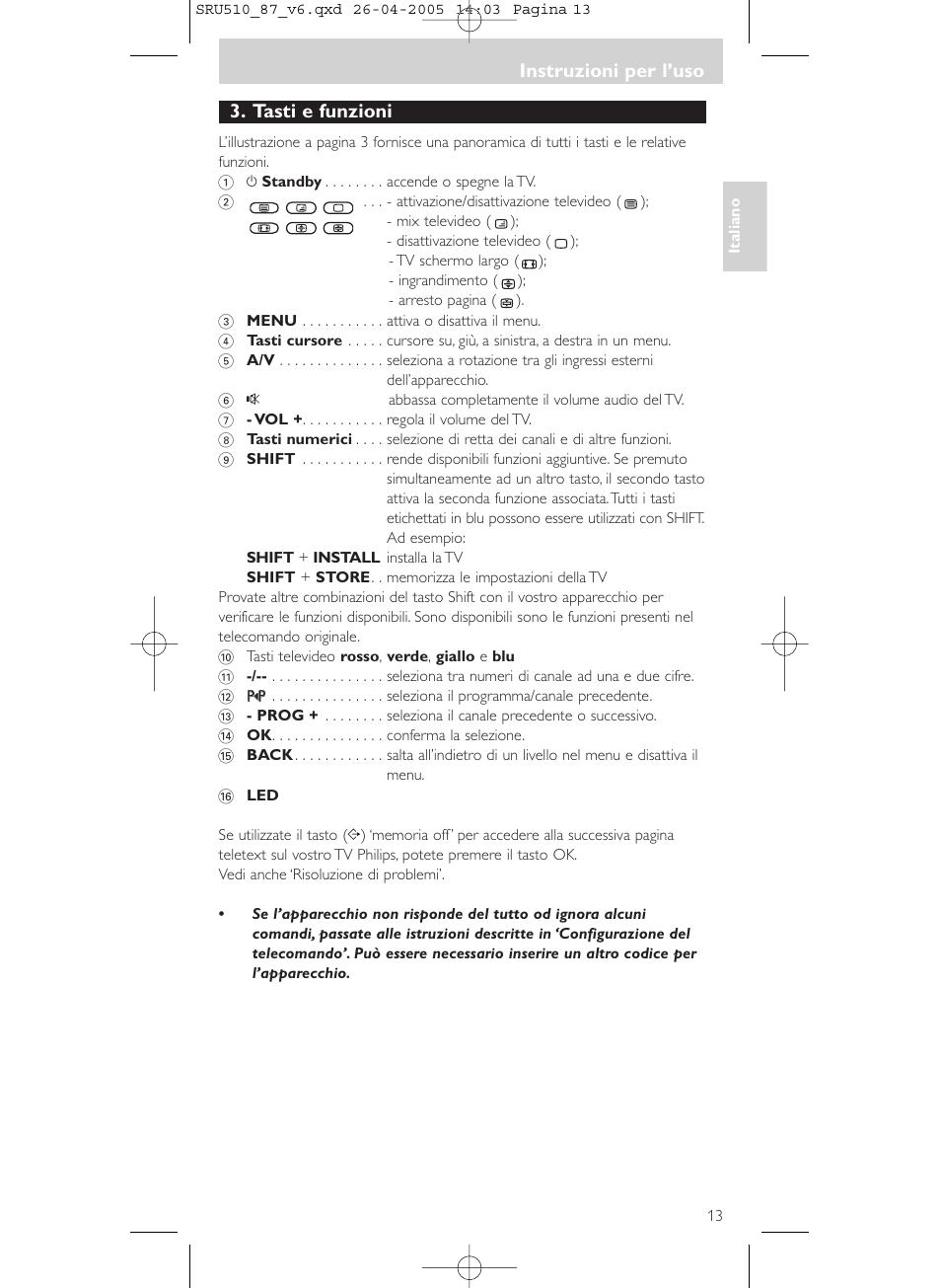 Instruzioni per l’uso, Tasti e funzioni | Philips SRU510 User Manual | Page 13 / 60