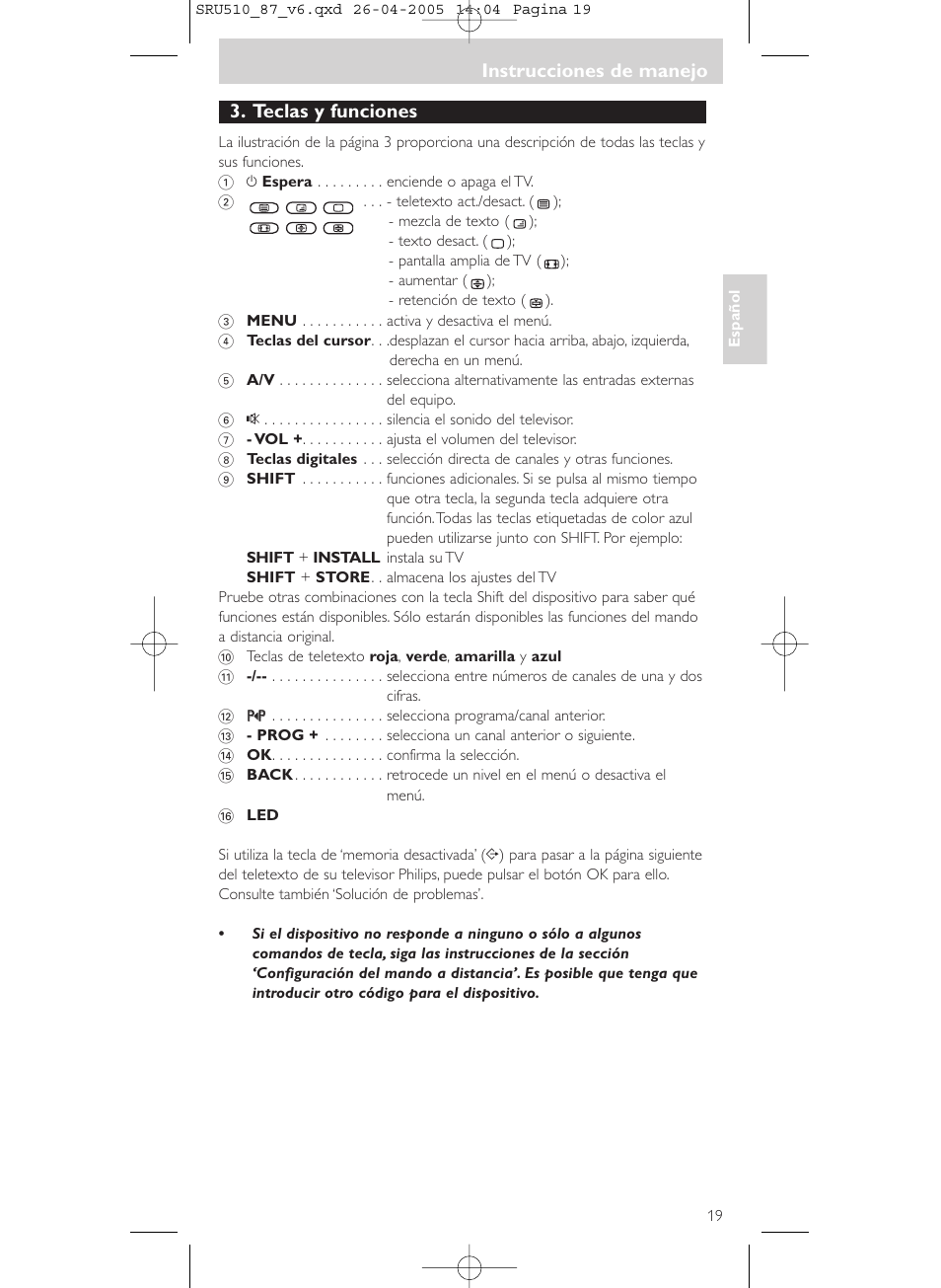 Instrucciones de manejo, Teclas y funciones | Philips SRU510 User Manual | Page 19 / 60