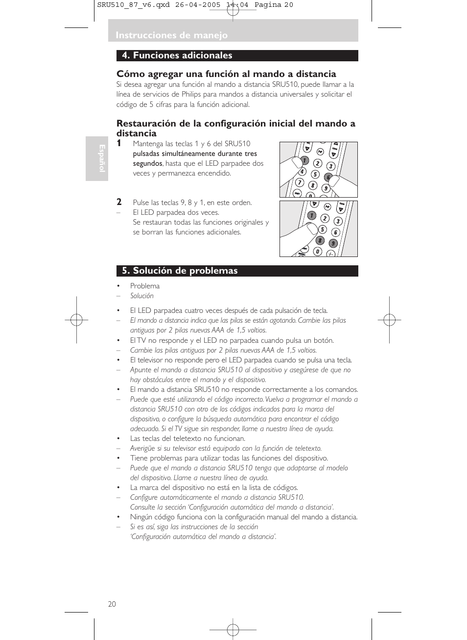 Instrucciones de manejo, Solución de problemas | Philips SRU510 User Manual | Page 20 / 60