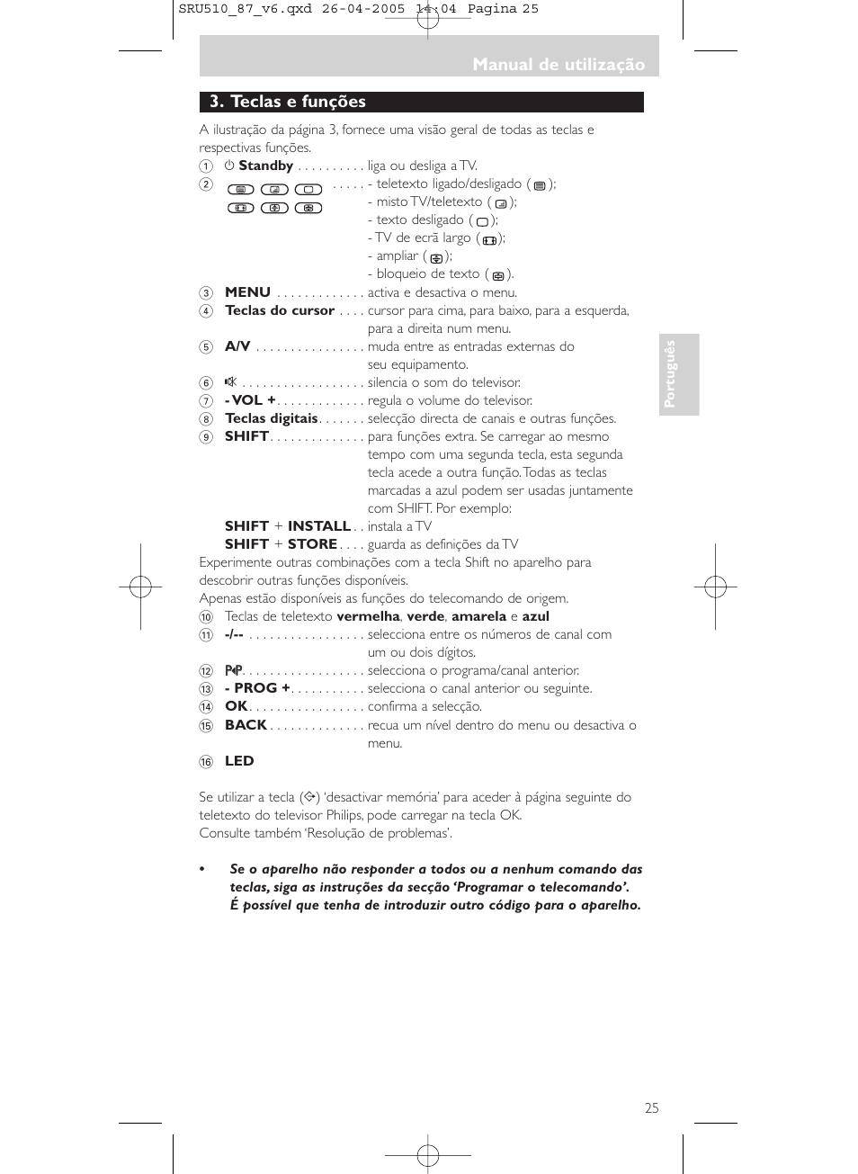 Manual de utilização, Teclas e funções | Philips SRU510 User Manual | Page 25 / 60