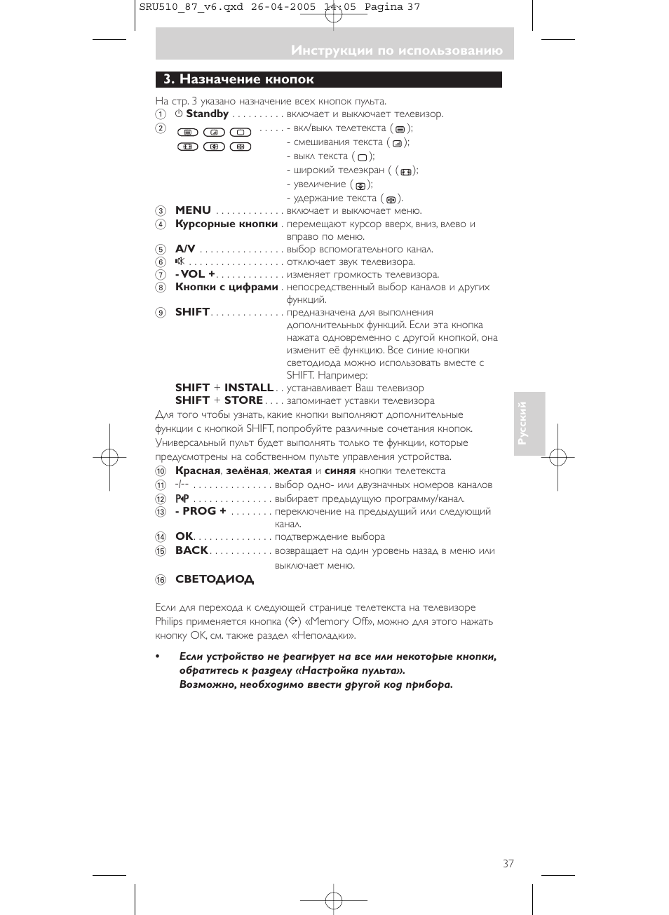 Инструкции по использованию, Назначение кнопок | Philips SRU510 User Manual | Page 37 / 60