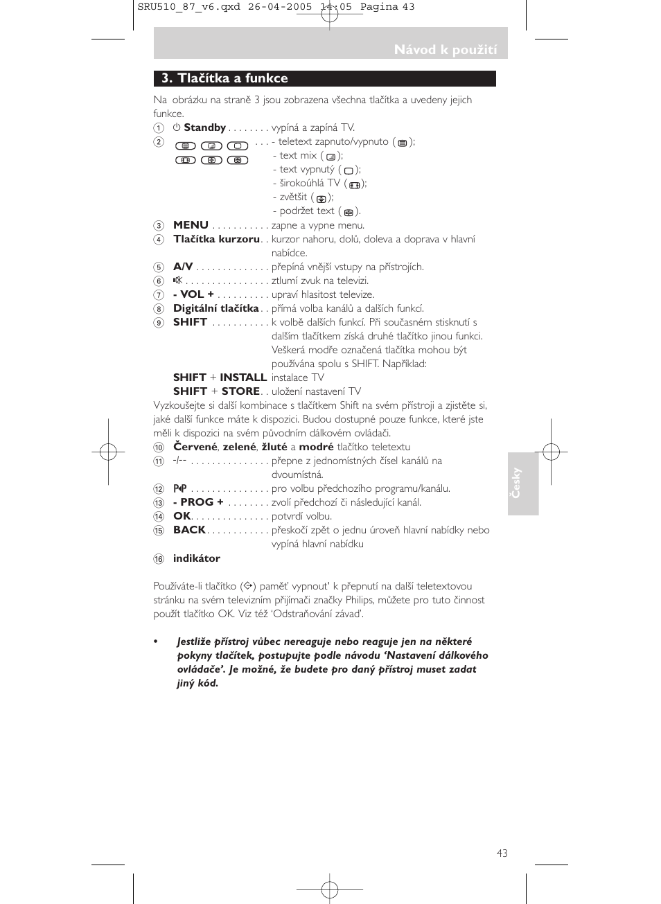 Návod k použití, Tlačítka a funkce | Philips SRU510 User Manual | Page 43 / 60