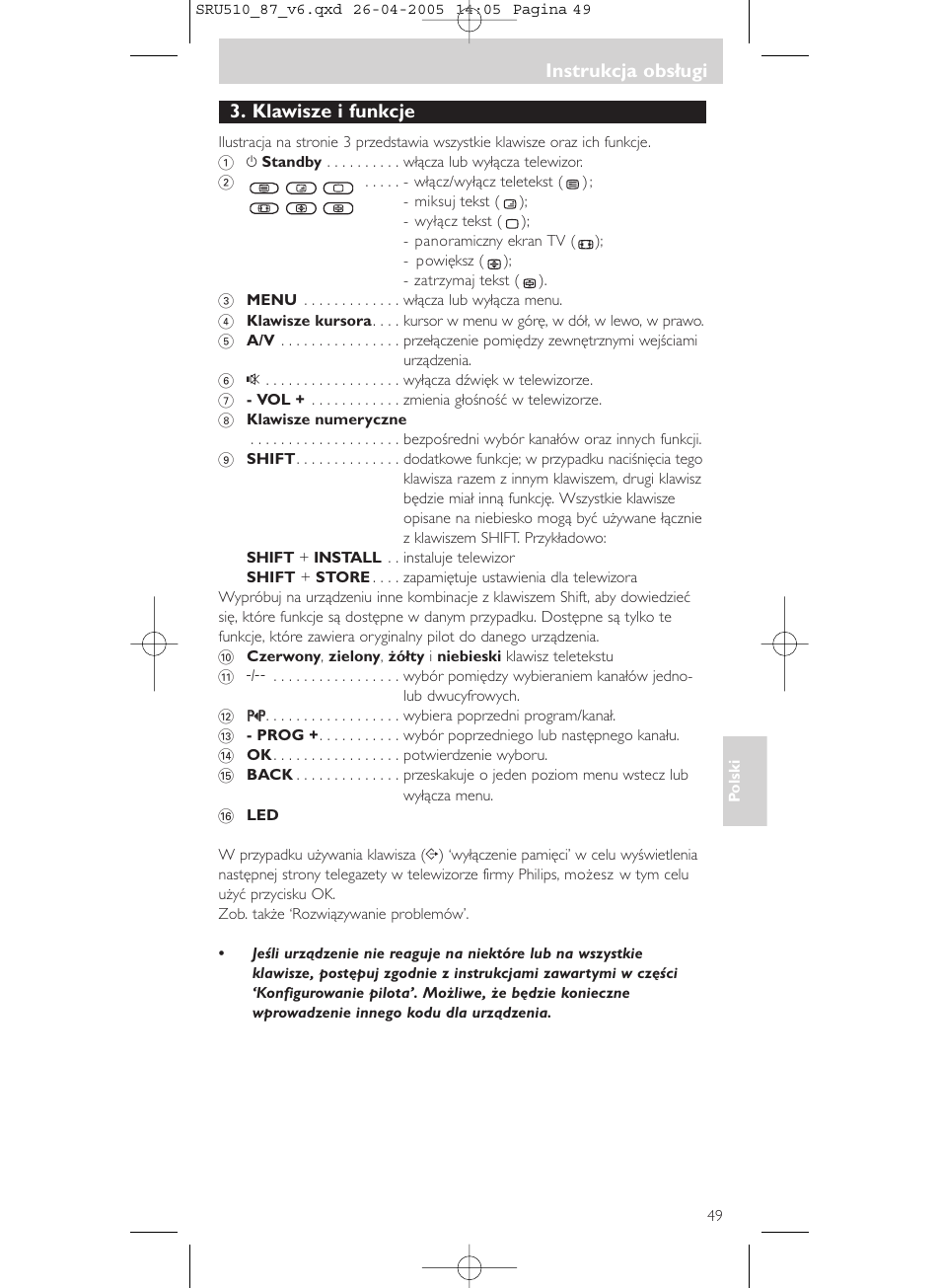 Instrukcja obsługi, Klawisze i funkcje | Philips SRU510 User Manual | Page 49 / 60