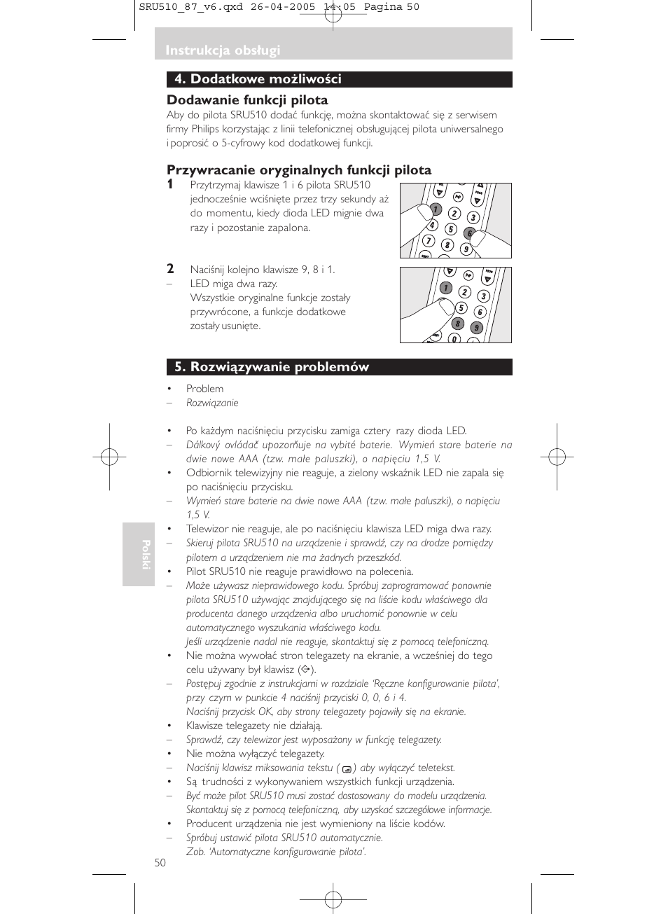 Instrukcja obsługi, Dodatkowe możliwości dodawanie funkcji pilota, Przywracanie oryginalnych funkcji pilota 1 | Rozwiązywanie problemów | Philips SRU510 User Manual | Page 50 / 60