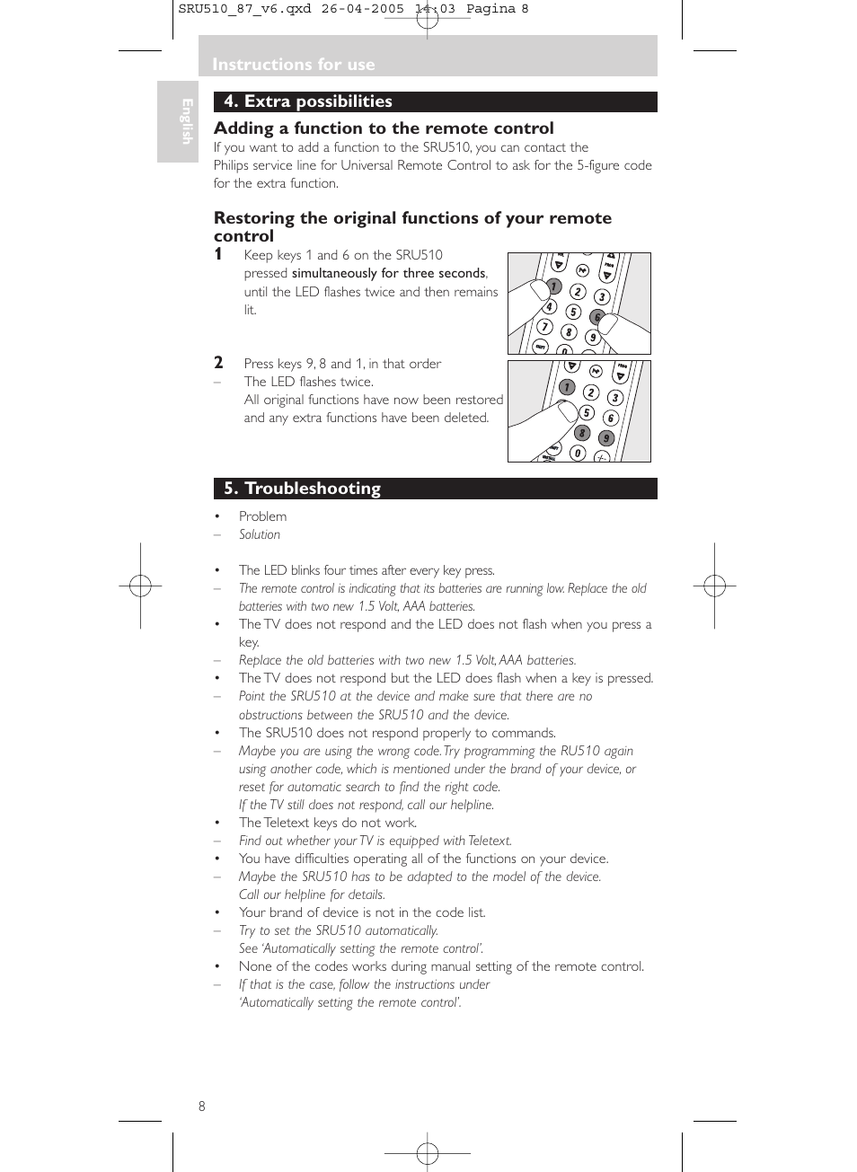 Troubleshooting, Instructions for use | Philips SRU510 User Manual | Page 8 / 60