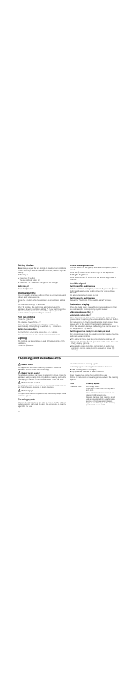 Setting the fan, Note, Intensive setting | Fan run-on time, Lighting, Audible signal, Saturation display, Cleaning and maintenance, Risk of burns, Risk of electric shock | Bosch DWK09M850 User Manual | Page 14 / 88