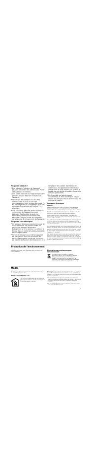 Risque de blessure, Risque de choc électrique, Causes de dommages | Attention, Protection de l'environnement, Élimination sans nuisances pour l'environnement, Modes, Mode évacuation de l’air, Remarque | Bosch DWK09M850 User Manual | Page 19 / 88