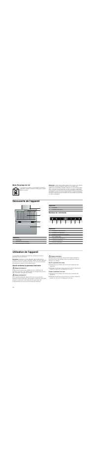 Mode recyclage de l’air, Remarque, Découverte de l'appareil | Bandeau de commande, Utilisation de l'appareil, Ouvrir et fermer le panneau inox/verre, Risque de blessure, Risque de brûlure | Bosch DWK09M850 User Manual | Page 20 / 88