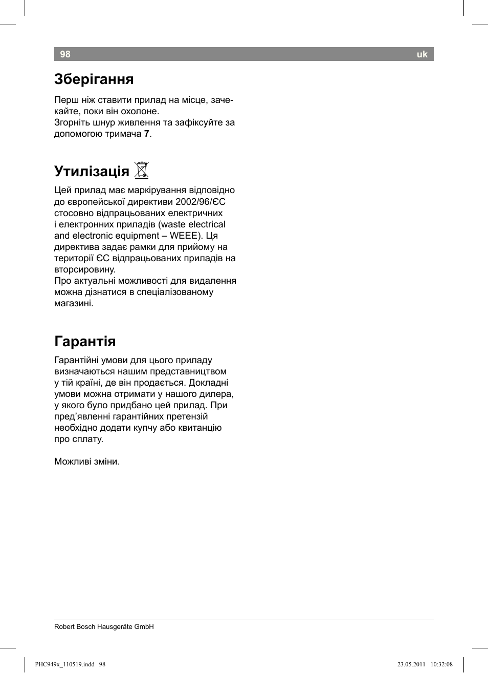 Зберігання, Утилізація, Гарантія | Bosch PHC9490 Lockenstab ProSalon User Manual | Page 100 / 116