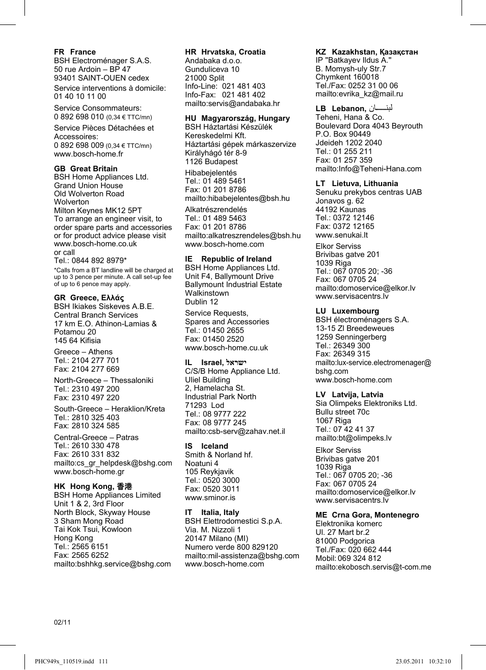 Kundendienst – customer service | Bosch PHC9490 Lockenstab ProSalon User Manual | Page 113 / 116