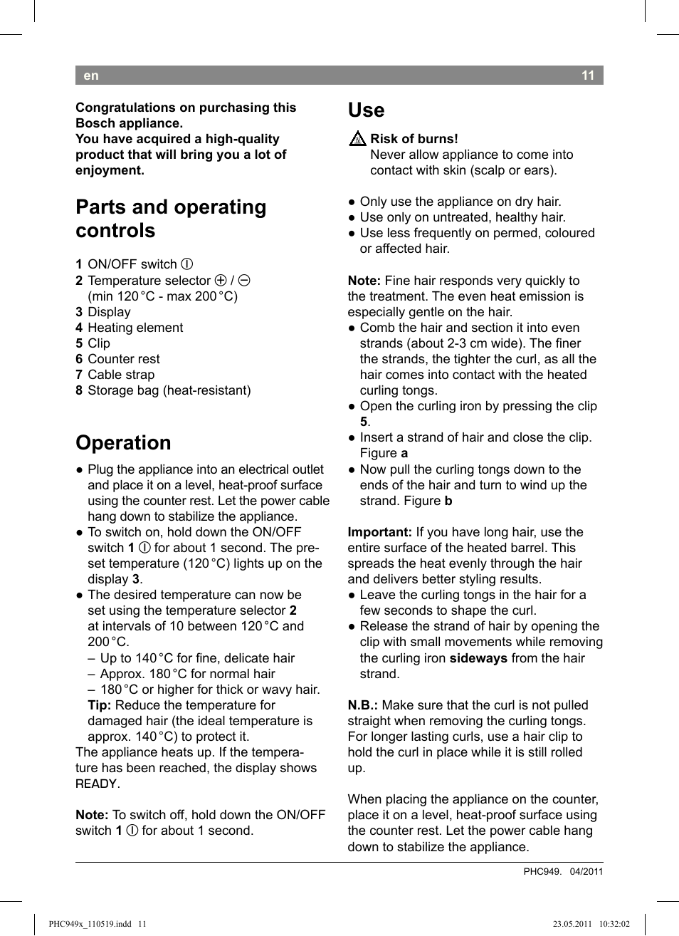 Parts and operating controls, Operation | Bosch PHC9490 Lockenstab ProSalon User Manual | Page 13 / 116