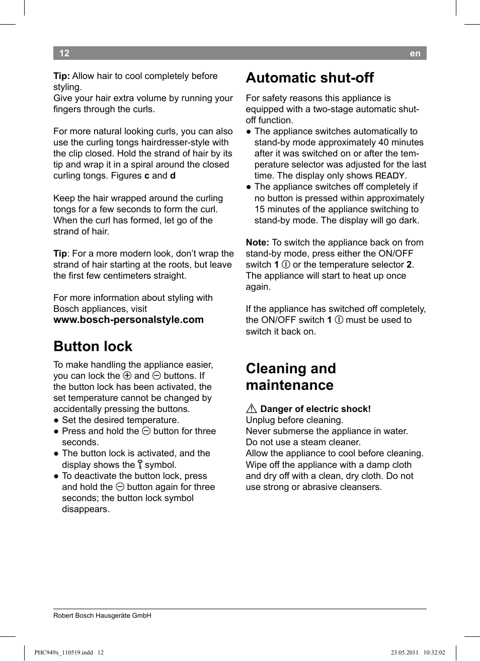 Button lock, Automatic shut-off, Cleaning and maintenance | Bosch PHC9490 Lockenstab ProSalon User Manual | Page 14 / 116