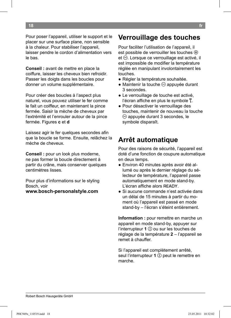 Verrouillage des touches, Arrêt automatique | Bosch PHC9490 Lockenstab ProSalon User Manual | Page 20 / 116