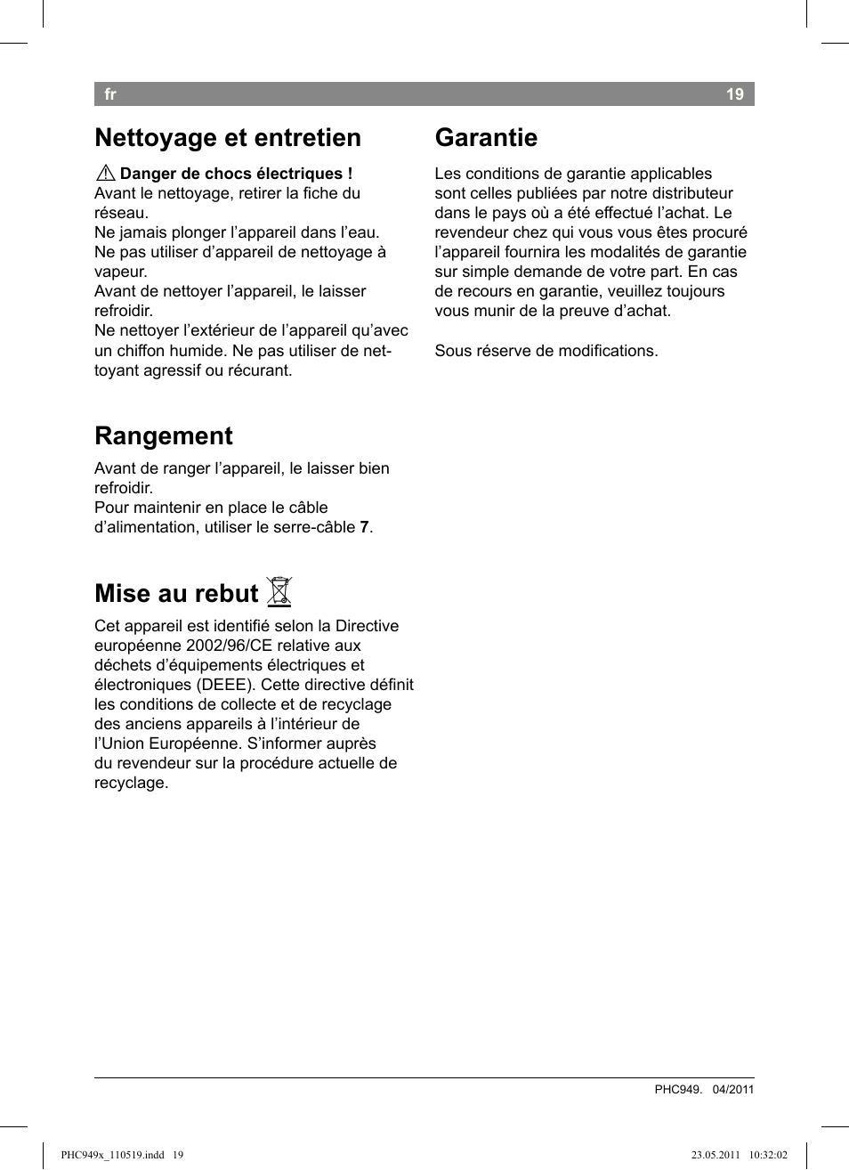 Nettoyage et entretien, Rangement, Mise au rebut | Garantie | Bosch PHC9490 Lockenstab ProSalon User Manual | Page 21 / 116