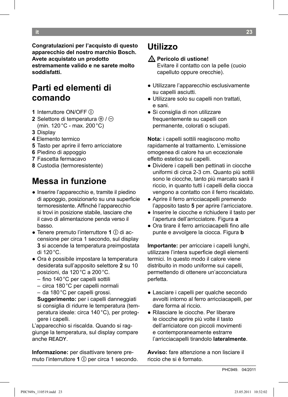 Parti ed elementi di comando, Messa in funzione, Utilizzo | Bosch PHC9490 Lockenstab ProSalon User Manual | Page 25 / 116