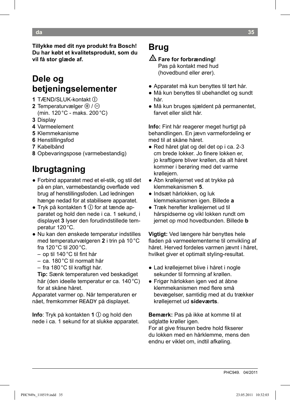 Dele og betjeningselementer, Ibrugtagning, Brug | Bosch PHC9490 Lockenstab ProSalon User Manual | Page 37 / 116