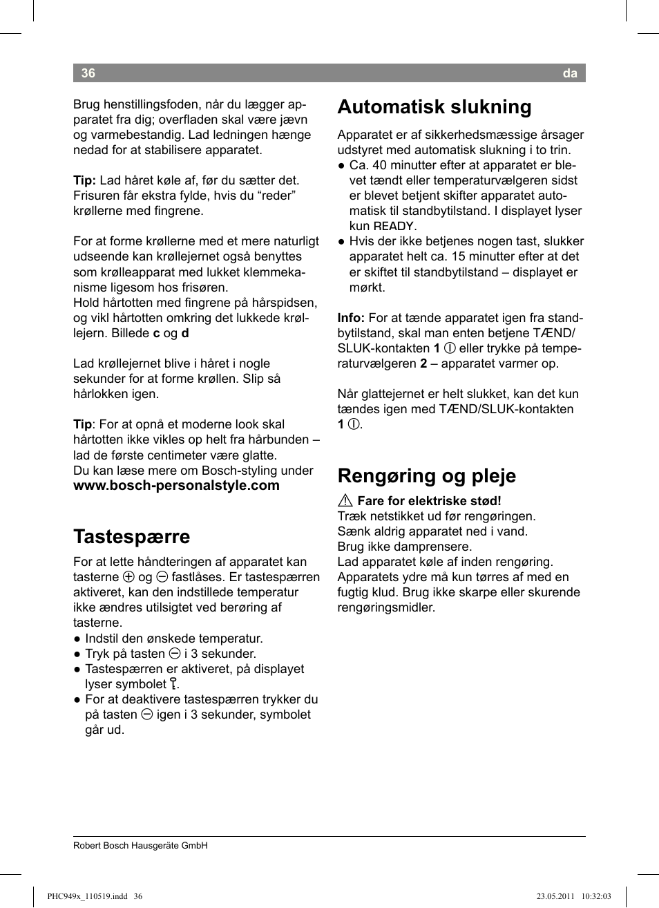 Tastespærre, Automatisk slukning, Rengøring og pleje | Bosch PHC9490 Lockenstab ProSalon User Manual | Page 38 / 116