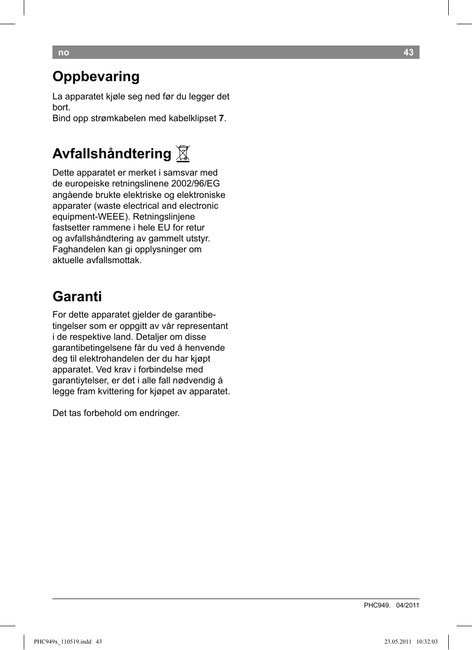 Oppbevaring, Avfallshåndtering, Garanti | Bosch PHC9490 Lockenstab ProSalon User Manual | Page 45 / 116