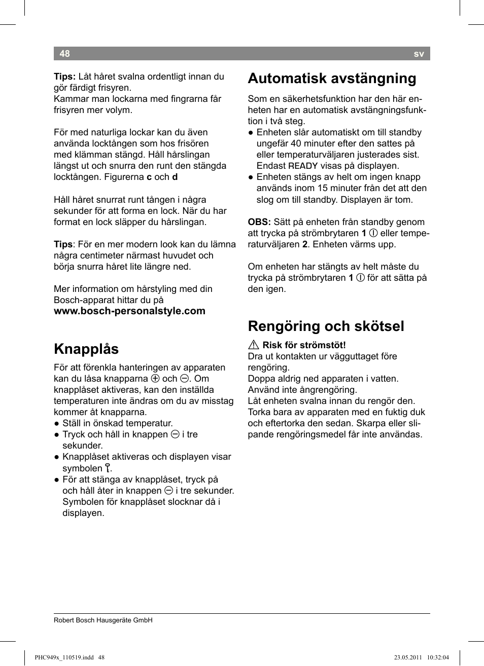 Knapplås, Automatisk avstängning, Rengöring och skötsel | Bosch PHC9490 Lockenstab ProSalon User Manual | Page 50 / 116