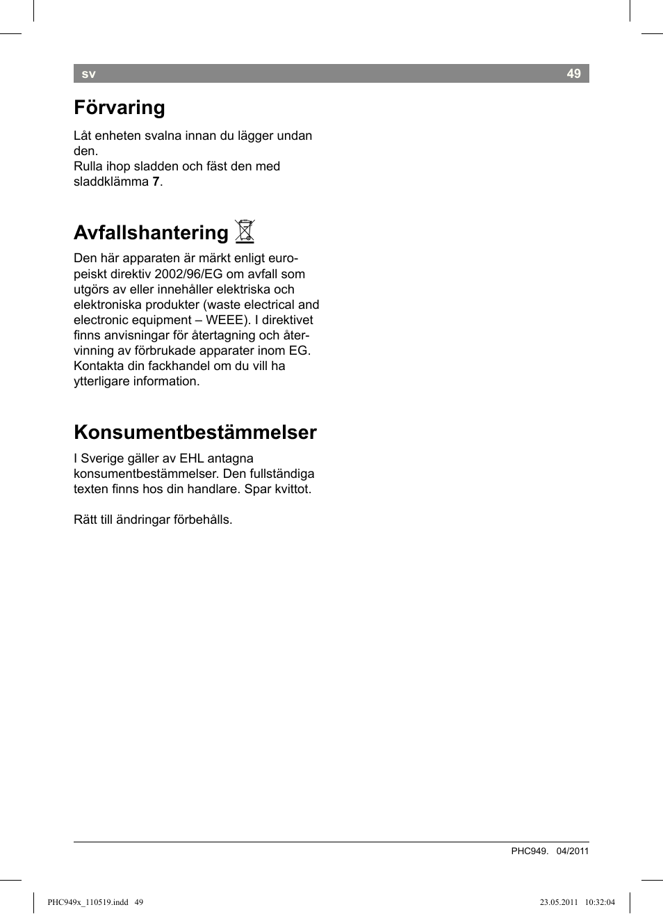 Förvaring, Avfallshantering, Konsumentbestämmelser | Bosch PHC9490 Lockenstab ProSalon User Manual | Page 51 / 116