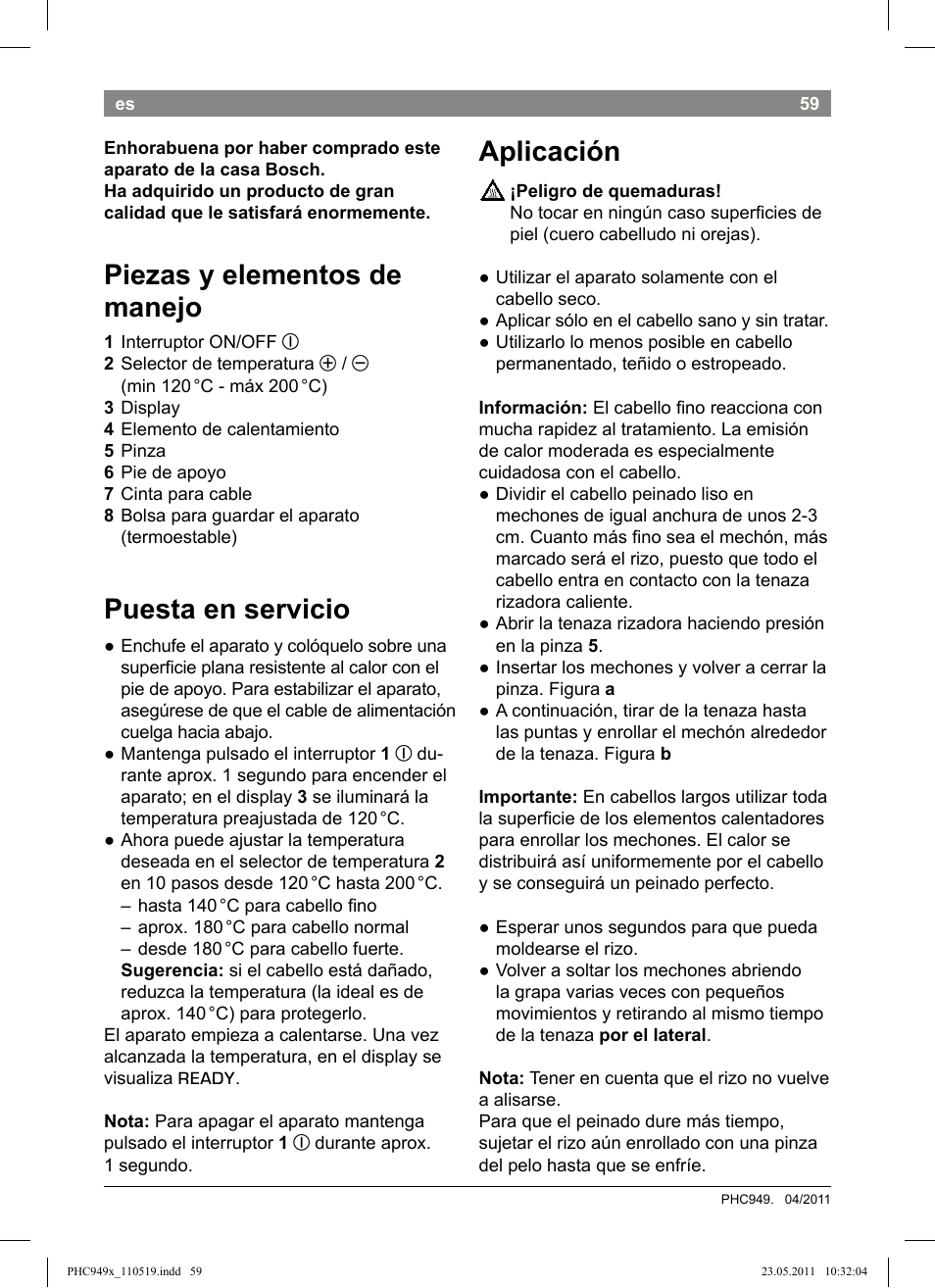 Piezas y elementos de manejo, Puesta en servicio, Aplicación | Bosch PHC9490 Lockenstab ProSalon User Manual | Page 61 / 116