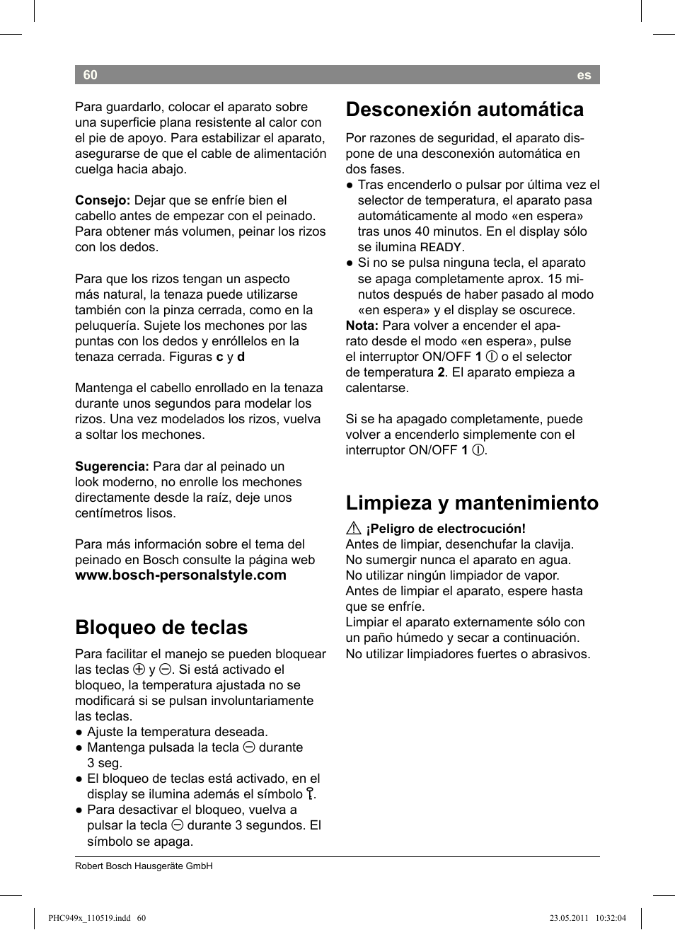 Desconexión automática, Limpieza y mantenimiento, Bloqueo de teclas | Bosch PHC9490 Lockenstab ProSalon User Manual | Page 62 / 116